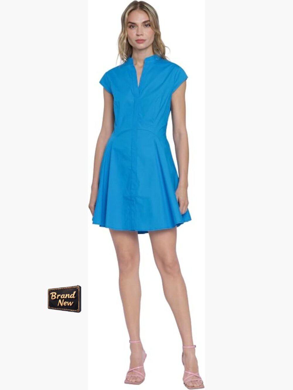 Women's High Neck Fit and Flare Mini Shirtdress Cap Sleeve Cotton Spandex